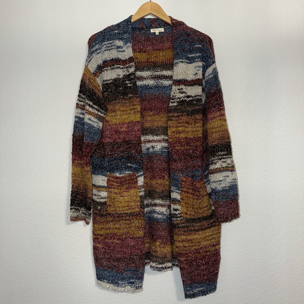Boho Southwestern Multicolor Striped Open Front Cardigan Sweater S/M Wool Blend